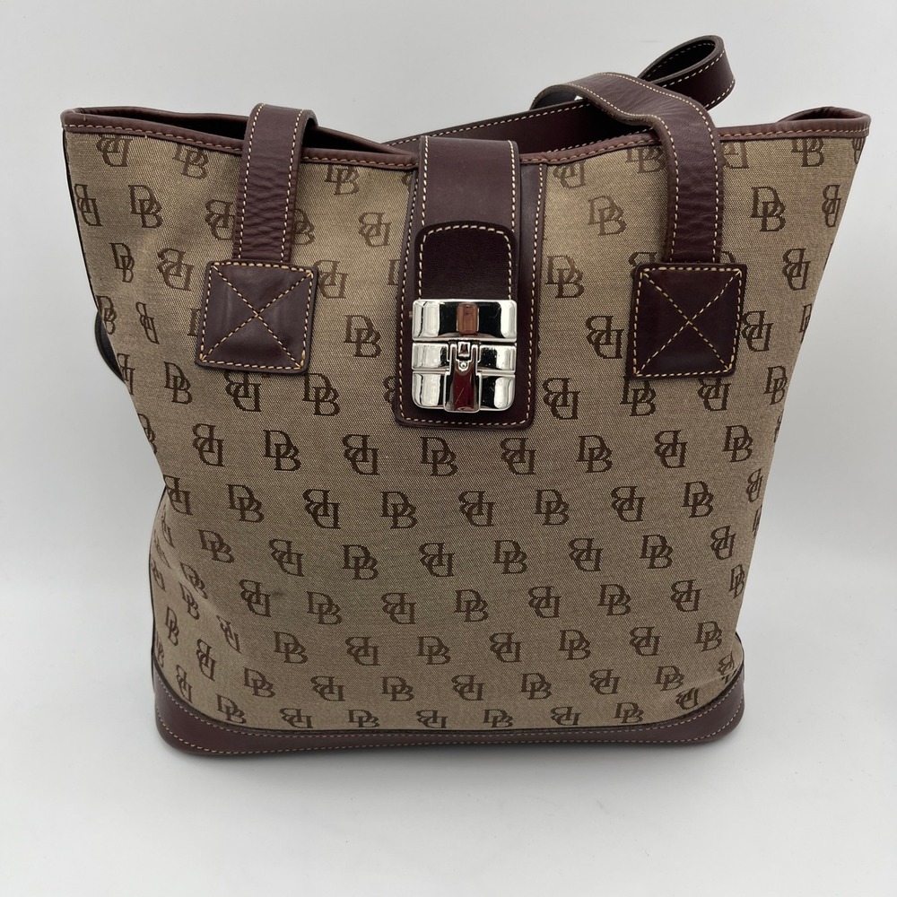 Dooney & Bourke Tote Bag Womens Brown Monogram Canvas Leather Trim Vintage Y2K